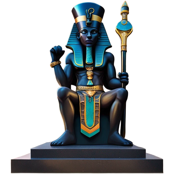 Osiris crook and flail obsidian statue on granite 30 ton brick, massive size, sunlight behind, sunset colors, reflections on black stone polished clean perfect, photography angles emoji