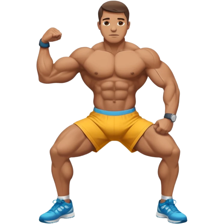 A bodybuilder doing a side lunge and flexing his biceps his kneels more down emoji