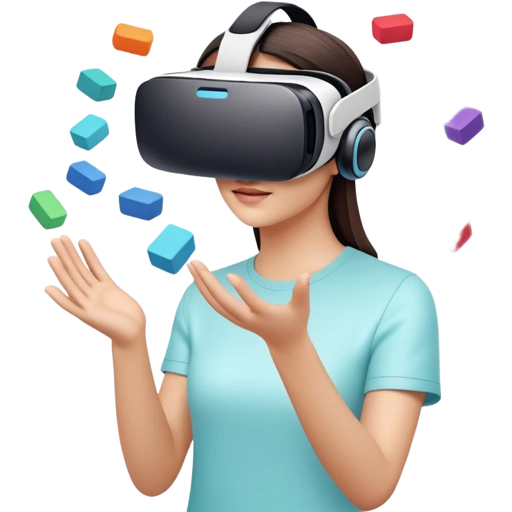 humanless emoji for the creation of VR/AR technology. Show a designer's hands holding a VR headset or AR glasses, with floating 3D models or virtual objects being manipulated in the air. Use modern, tech-inspired colors. Do not include any emojis or smiley faces. Make the background transparent. emoji