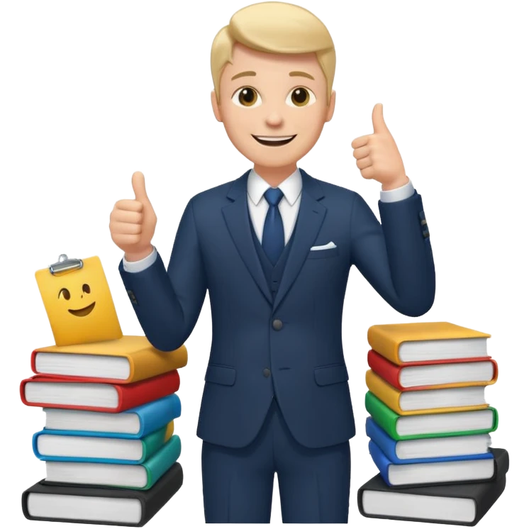 man in a suit, standing on paperwork, giving a thumbs up emoji emoji