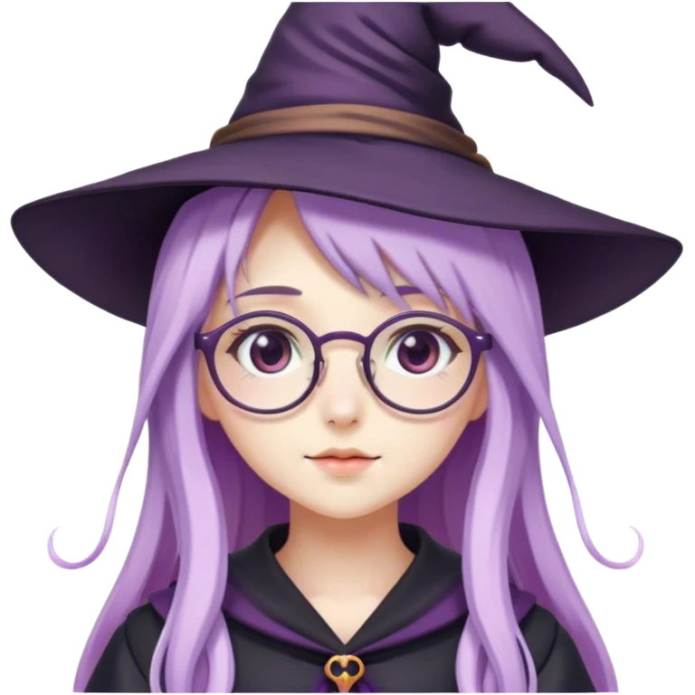 cute anime girl with long lilac hair wearing a witch hat and glasses emoji