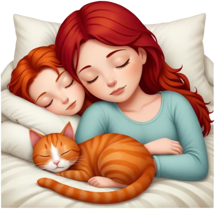 White girl deep red hair sleeping with ginger kitty emoji