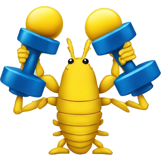 A blue lobster lifting yellow dumbbells  emoji