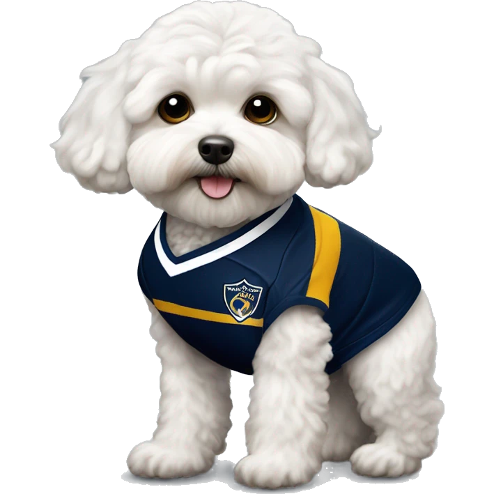 White Maltipoo wearing a LA Galaxy soccer jersey emoji