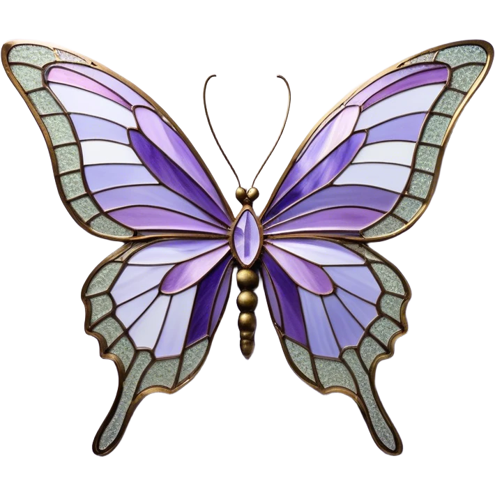 a stunningly detailed butterfly with lilac and ice-purple wings, adorned with an elegant mosaic-like pattern resembling stained glass. The wings should display a harmonious blend of swirling and geometric designs, giving them a mystical and artistic feel. The butterfly should have a graceful, elongated body with a subtle metallic sheen, enhancing its enchanting presence. emoji