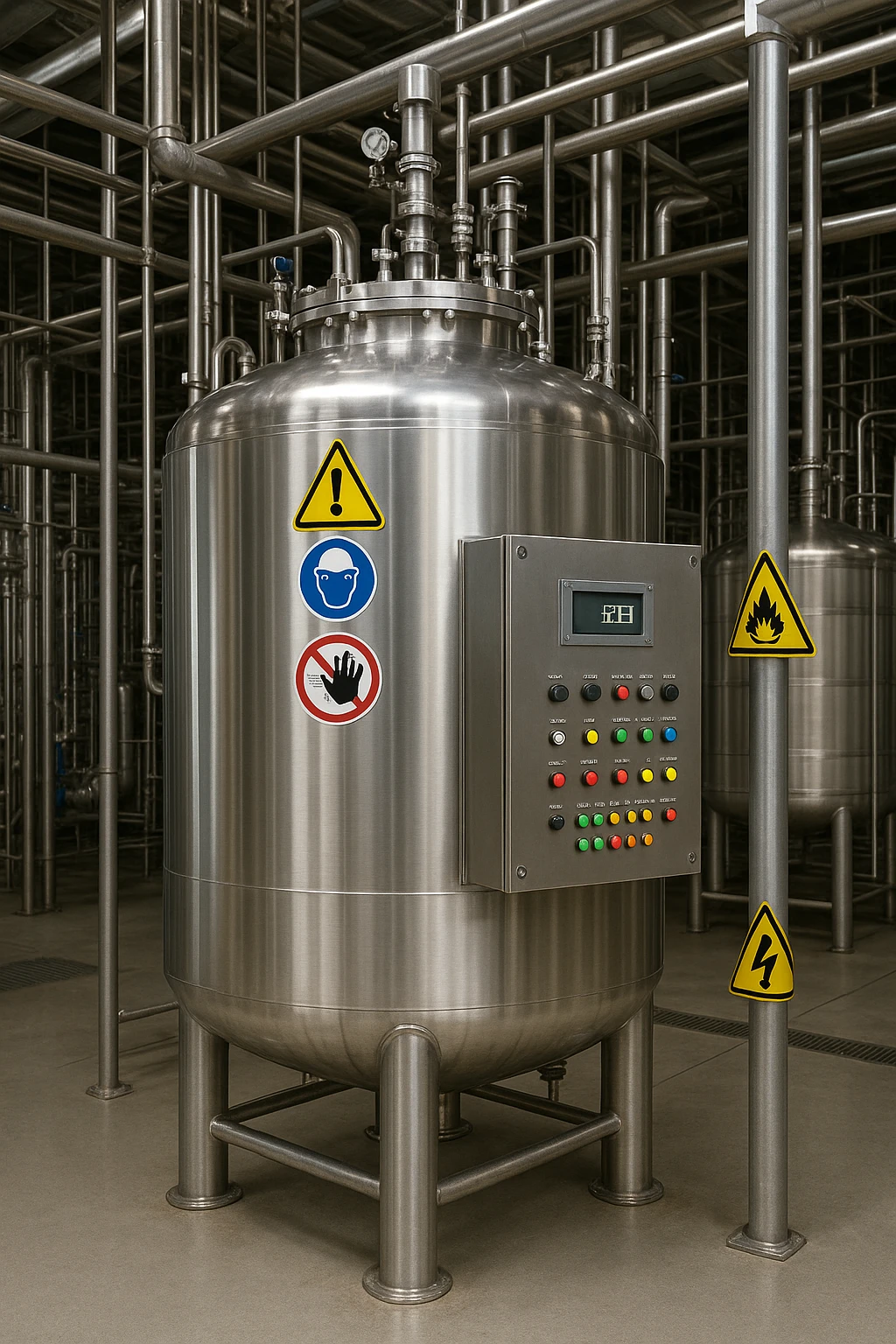 a massive biofermentor, stainless steel, with control panel and safety signs, industrial background emoji