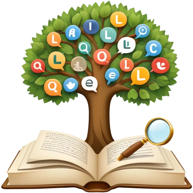 An icon featuring an open book, a speech bubble, and a linguistic tree, symbolizing philology and linguistics. The design includes alphabets, language symbols, and a magnifying glass, representing the study of language, structure, and meaning. Transparent background emoji