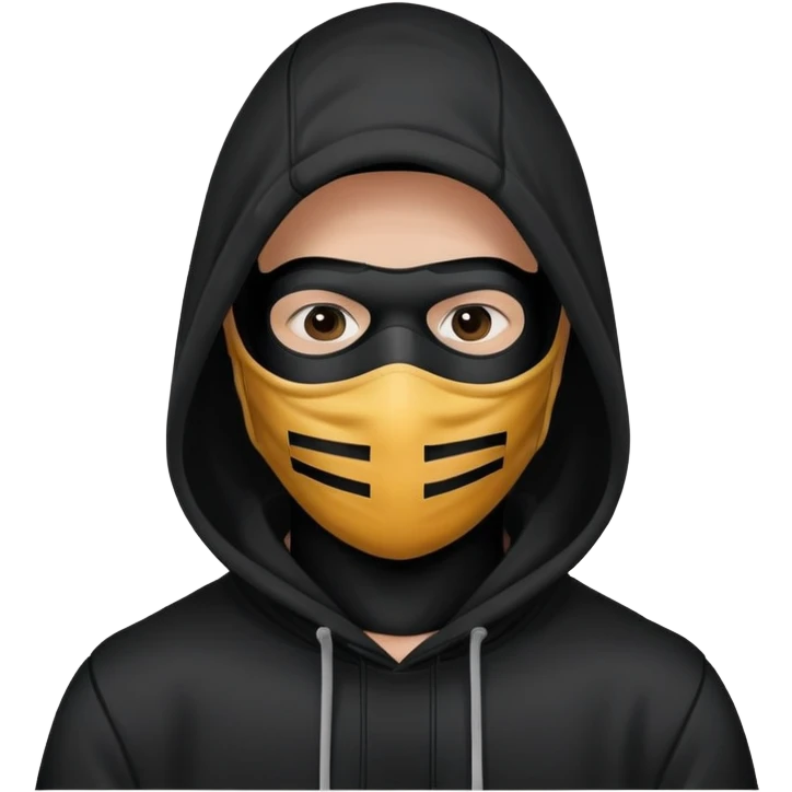 faceless man under black hoodie waring a black amsk that covers his whiole face emoji