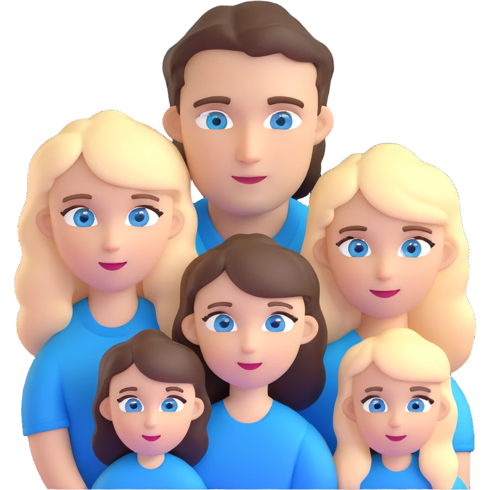 Family portrait with father with dark brown hair and blue eyes, mother with light brown hair and blue eyes, three blonde little girls with blue eyes emoji