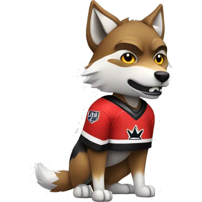 A wolf in a red black and white hockey uniform with a wolf emblem emoji