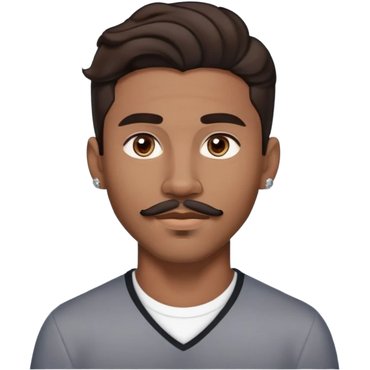 Young man with medium brown skin, mixed-race ethnicity, much longer wavy dark brown hair with a PERFECTLY CENTERED hair part that aligns EXACTLY with the middle of the face, mustache separated from goatee, medium brown eyes, very small diamond stud earrings in both ears, head only with absolutely no shoulders or torso emoji
