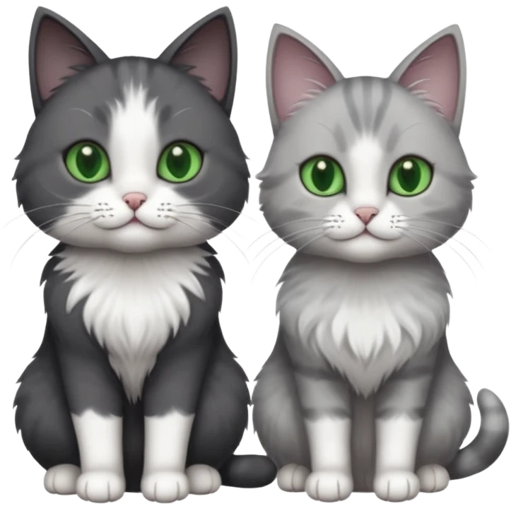 2 different coloured grey cats including one dark grey and white cat and one completely solid dark grey cat with green eyes and only white paws emoji