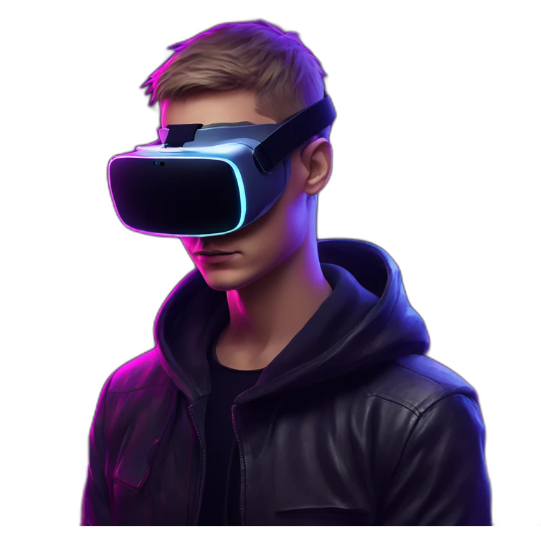 Russian young man wearing a black hoodie with "OMG" letters on it and VR headset in a cyberpunk VR environment with violet neon lighting. emoji