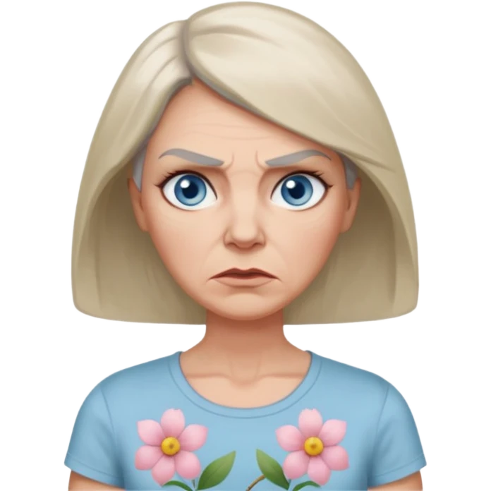 a woman in her 50s with angry face and bambi light blue eyes and pale tan with rosacea, greyish shoulder length hair and slim face, grey thin eyebrows, thin lips and flower pattern tshirt  emoji