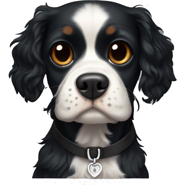 Small completely black king spaniel with black fur on his whole face and white stripe on chest emoji