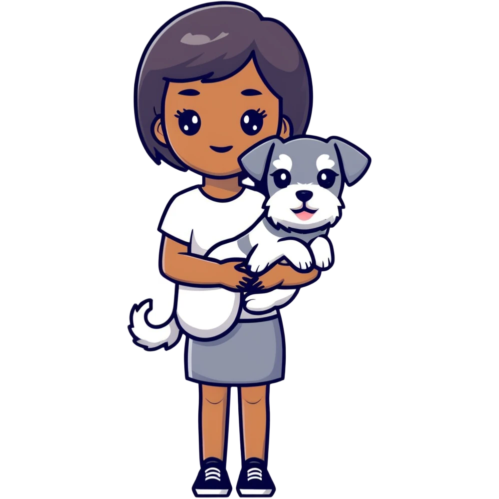 Black girl with short bangs holding a white schnauzer dog emoji
