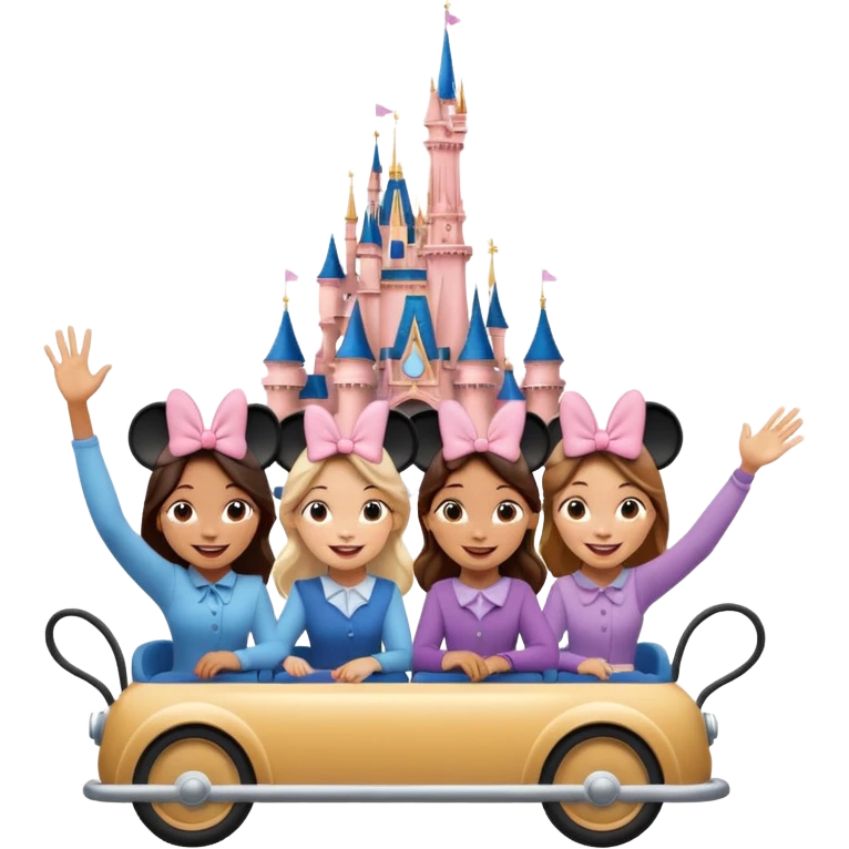 quatro chicas montadas en una atraccion de Disney paris levantando la mano sin el castillo detrás ni nada emoji