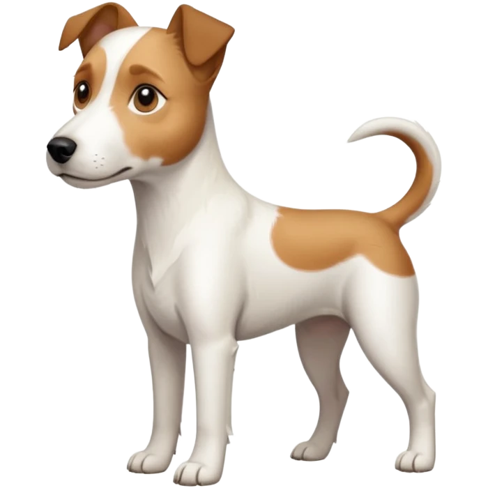 a full body large white parson russell terrier looking dog the size of a kelpie with light brown long ears and a light brown patch on one eye and a large snout emoji