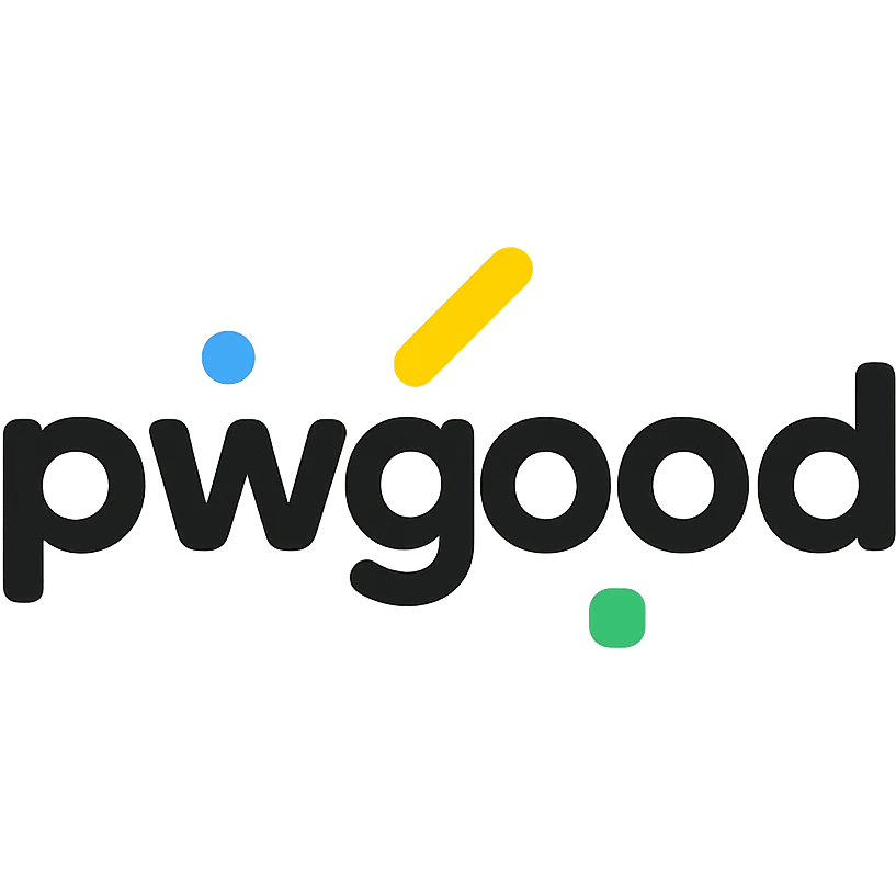 playful logo for 'pwgood' with rounded font and colorful accents, tech startup vibe emoji