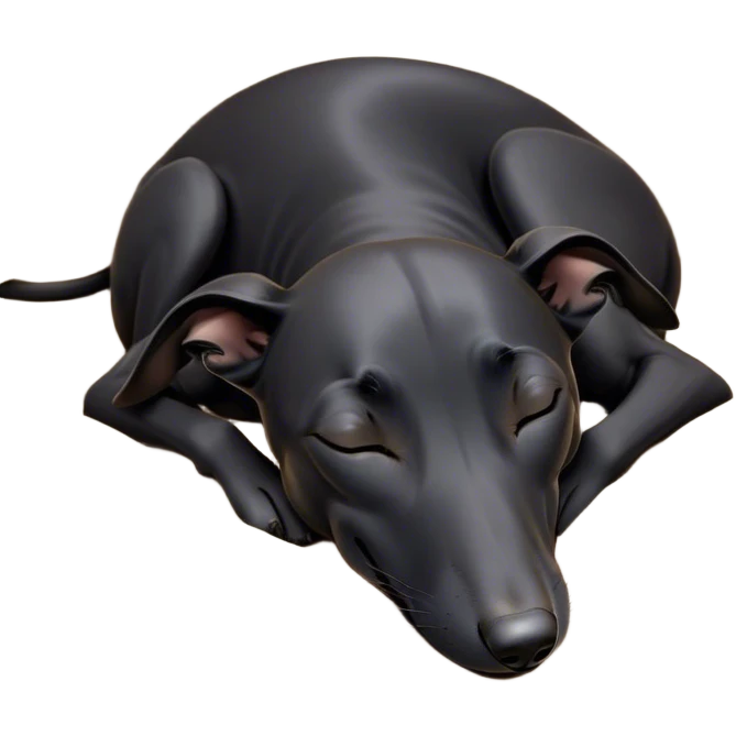 Meme-Worthy Cute Sleeping Black Greyhound Portrait Emoji, Head resting peacefully with a contented smile, showcasing a delightfully slender build and a luxuriously smooth black Fur, eyes shut in a serene nap, Simplified yet hilariously adorable features, highly detailed, glowing with a soft, drowsy light, high shine, relaxed and utterly lovable, stylized with an air of playful laziness, bright and heartwarming, soft glowing outline, capturing the essence of a comically sleepy racer, so meme-worthy it feels like it could instantly become the next viral sensation of adorable slumber! emoji
