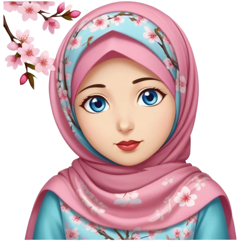 Turkish beautiful finish Konya girl blue eyes with cherry blossom floral hijab islamic dress and with yummy Drooling face on the table emoji