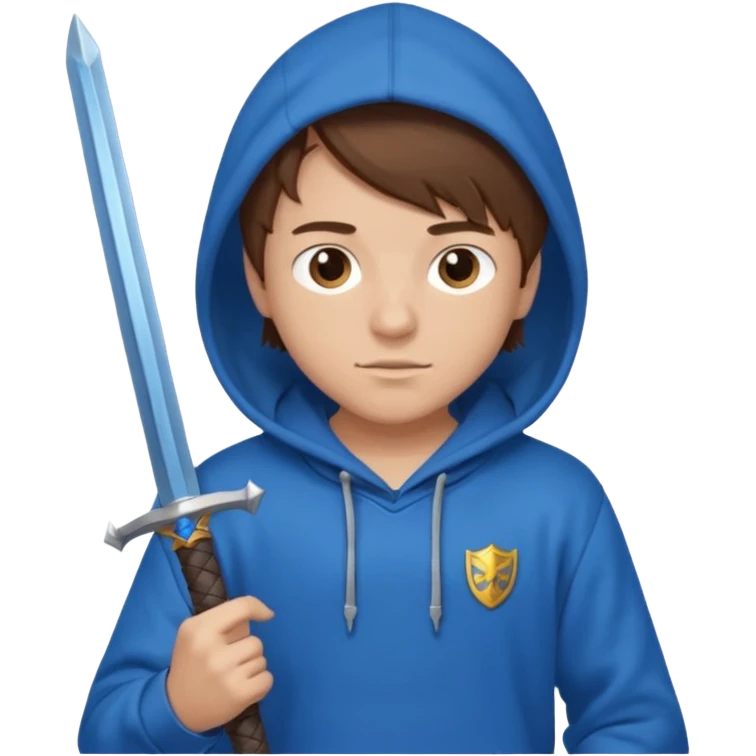 make a boy with brown hair and a blue hoodie and add a blue sword too emoji