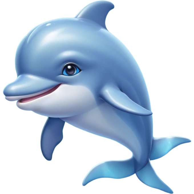 Cinematic Cute Dolphin Portrait Emoji, Head tilted playfully and inquisitively, featuring a smooth, streamlined body with shimmering, silvery-blue skin and round, sparkling eyes full of playful charm, Simplified yet irresistibly adorable features, highly detailed, glowing with a warm, friendly oceanic glow, high shine, affectionate and lively, stylized with a touch of aquatic whimsy, soft glowing outline, capturing the essence of a mischievous yet loving dolphin that appears as if it could splash out of the screen into your arms! emoji