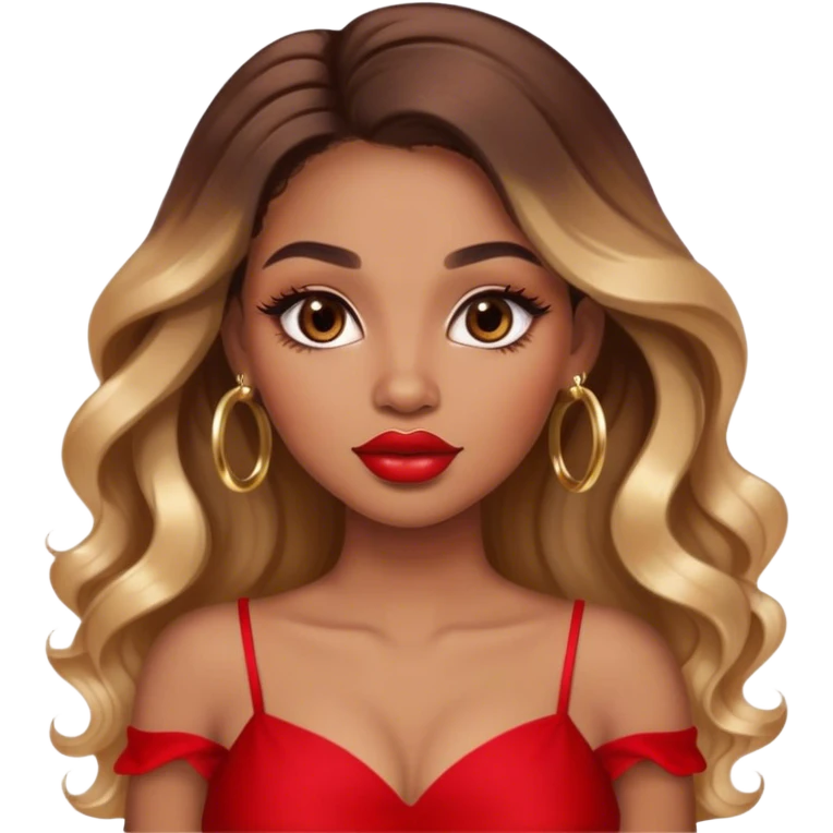 light brown skin tone, very beautiful woman, with big plump lips, long long lashes, ombre wavy long hair, brown eyes, red dress, gold hoop earrings emoji