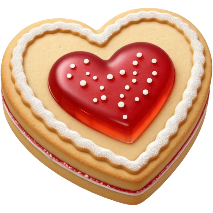 Realistic shortbread cookie in the shape of a heart with light red jelly middle filling and sprinkled powder sugar on top. emoji