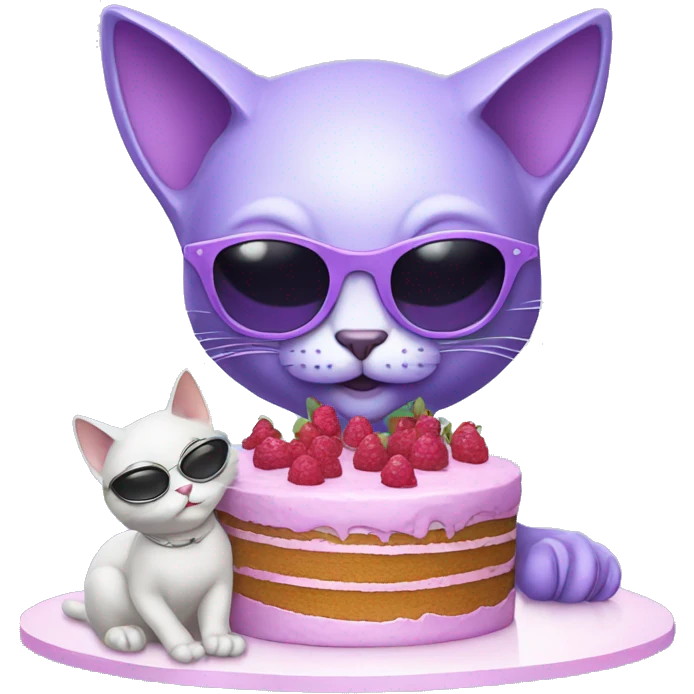 lilac alien with sunglasses making a cake with a cat emoji