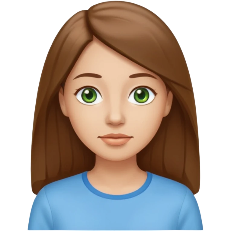 Adult woman avatar, light skin tone, oval face, straight long brown hair, green eyes, neutral mouth, sky blue top emoji