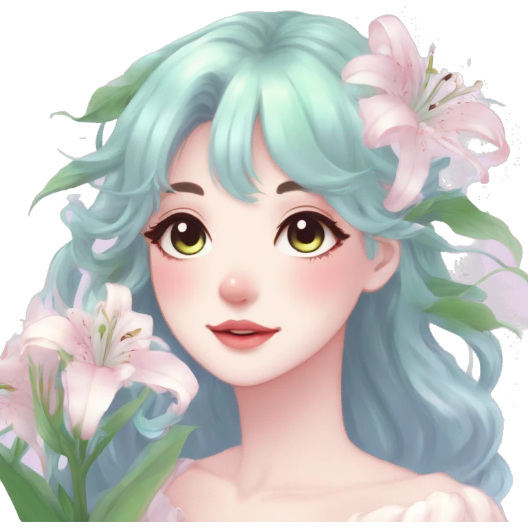 Gorgeous pastel anime style lady with blushing face and lilies cottagecore fairycore pastelcore colorful pearly romantic simplistic aesthetic trending style emoji