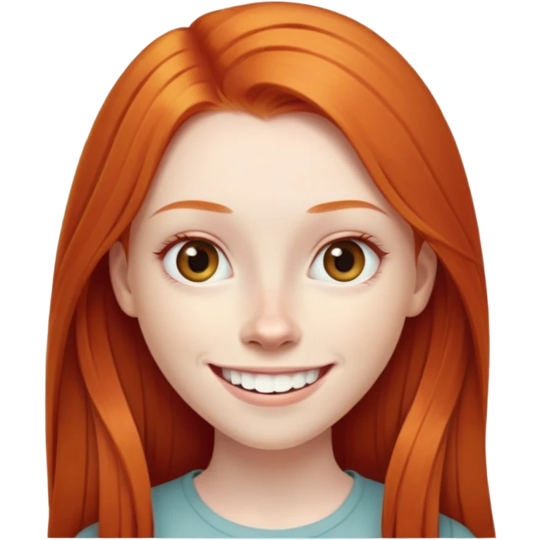 traditional emoji of young girl with very pale skin, long straight bright ginger red hair, elongated oval face, normal-sized human eyes positioned naturally, wide nose, friendly big smile with very large prominent teeth, less intense expression emoji