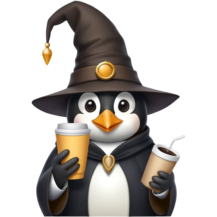 Penguin wizard drinking coffee while using iPhone emoji