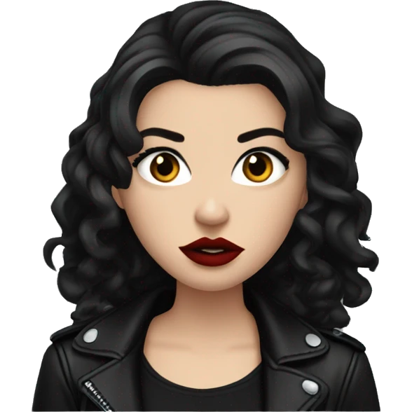 White girl, with long curly black hair, with red lipstick, black winged eyeliner, wearing black shirt and black leather jacket, rolling her eyes annoyed emoji