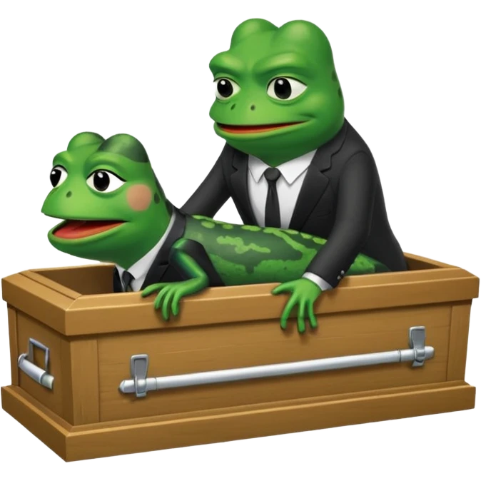 An empty coffin with "ECHO" inscribed on it, being nailed down shut by a Pepe the frog character. emoji