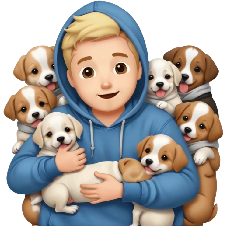 Cute dog lover boyfriend with soft smile, surrounded by puppies, wearing hoodie and jeans, one dog licking his face emoji
