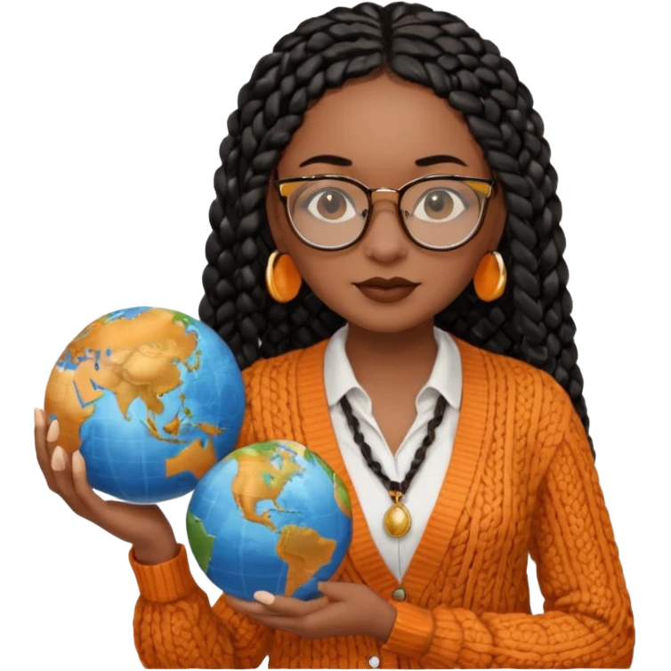 a young woman wearing fine gold round glasses and black hair in several box braids, no earrings, she has light black skin, and she's wearing a white shirt with an orange-terracotta cardigan on top. She's holding a globe in one hand emoji