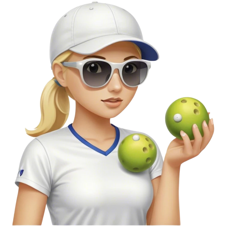 Woman with blond hair in a ponytail wearing a white baseball cap and sunglasses holding one pickleball and nothing else emoji