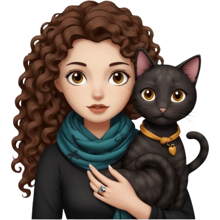 bust woman long curly brown hair brown eyes white skin tattoos with black cat wrapped around shoulders like scarf emoji