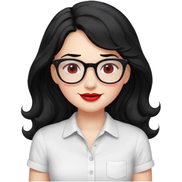 וחולצה קצרה חזה מובלט וחולצה בצבע לבן ואישוני עייים בצבע שחור, ואישוני עיננים בצבע שחורילדה עם שער שחור ארוך וגלי אבל לא יותר מידי מתולתל, אישונים שחורים, משקפיים,שפתיים אדומות ועסיסיות אבל לא יותר מידי,עם,לחיים עם הרבה סומק,מחייכת emoji