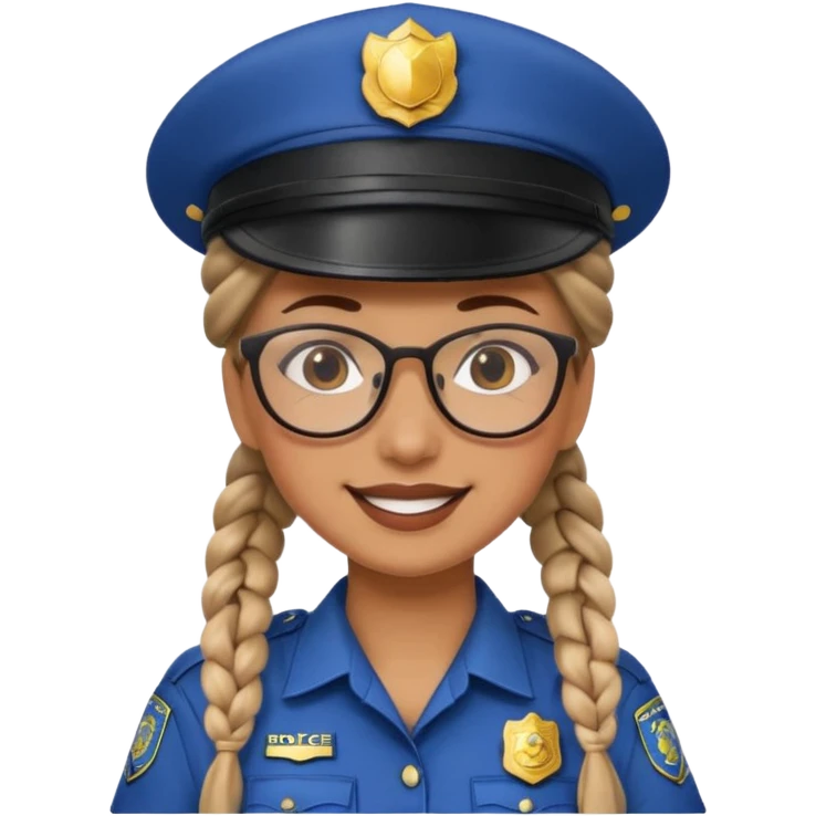 happy woman police with braided hair wearing hat, glasses  emoji