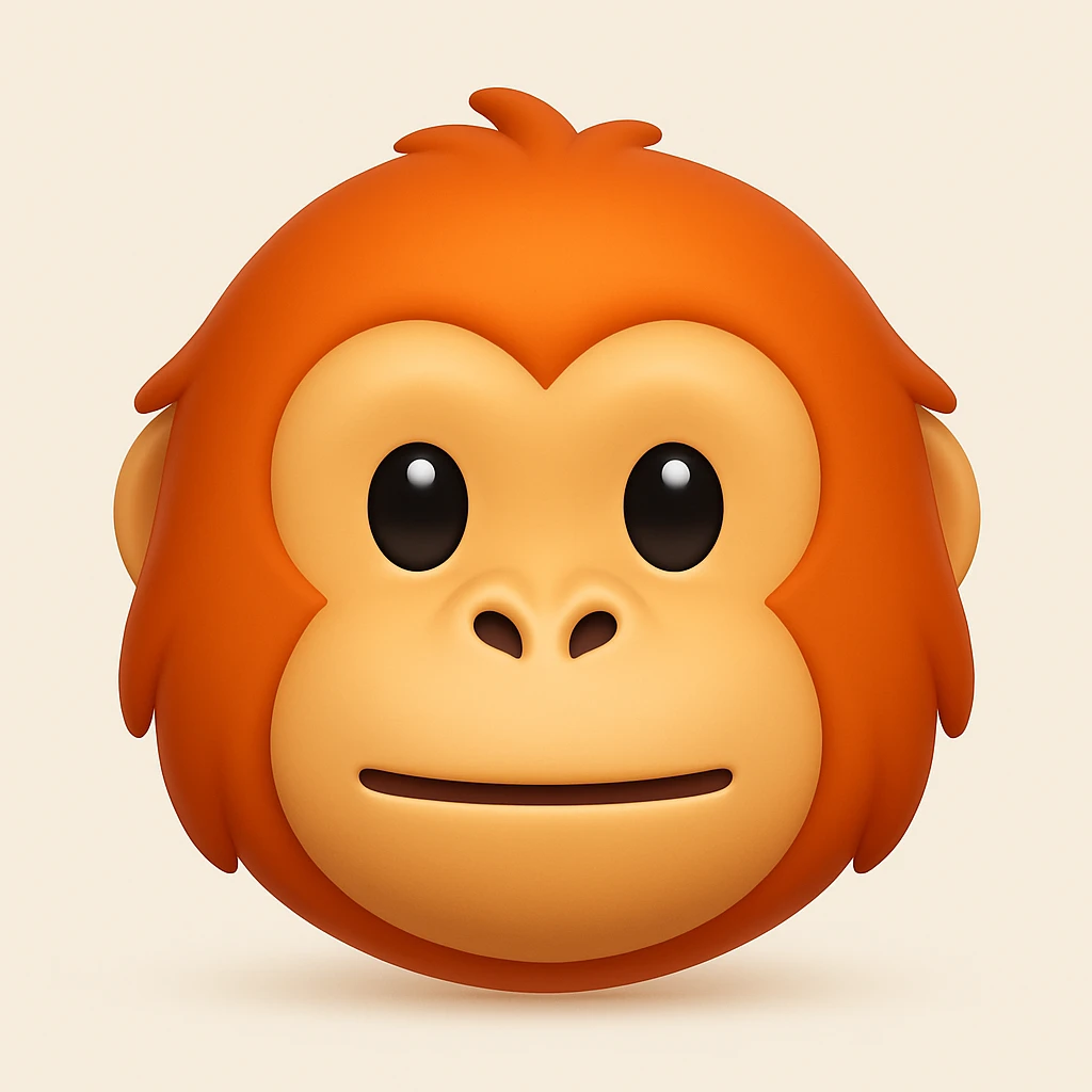 Make a more iOS emoji-like image that looks exactly like the reference: orangutan face, 3D, shiny, smooth gradients, soft shadows, and a friendly emoji look. Add a soft shadow under the face. The style should mimic the iOS emoji style with smooth shading and a friendly expression. emoji