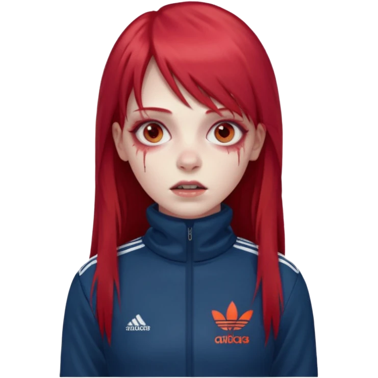 Crie um emoji de uma menina com bochecha gordinha com o cabelo vermelho longo com uma franja reta zumbi casaco de gola alta da adidas emoji