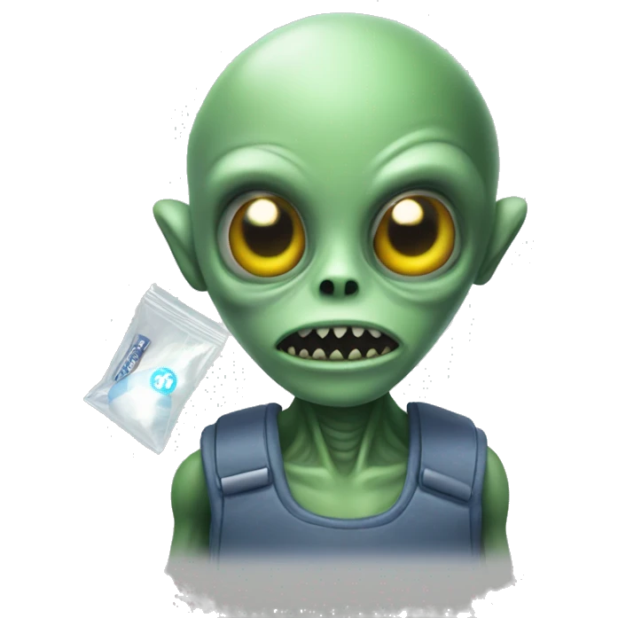 A creepy alien holding a tiny ziploc bag emoji