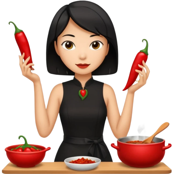 asian black short shoulder length hair tanned woman, black dress cooking, holding chili pepper emoji