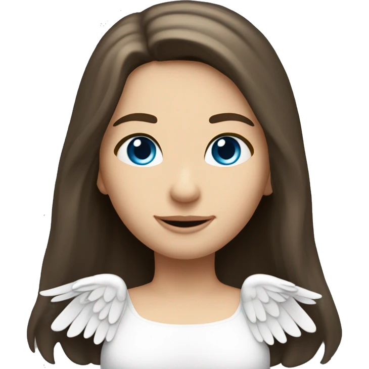 Caucasian brunette angel with long straight hair, dimples, big blue eyes, halo and wings emoji