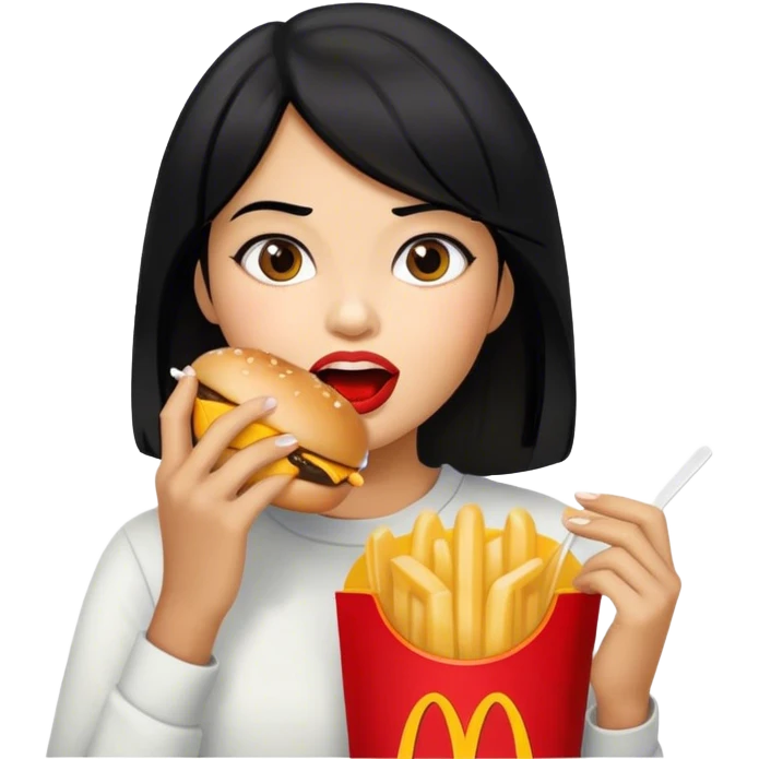 Girl with black hair eating McDonald’s emoji