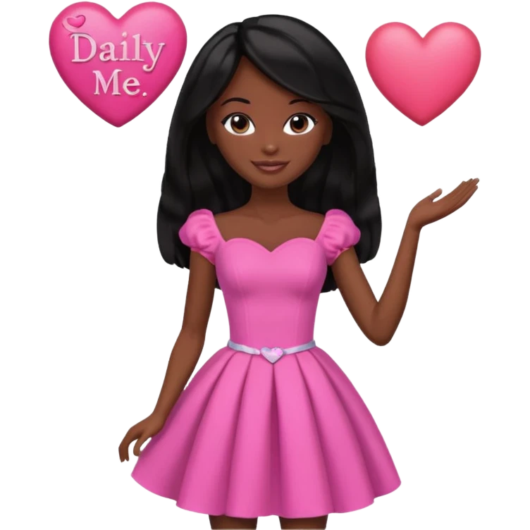 Black barbie, long black  hair, pink dress holding big heart that  visibly says the words "daily heart me" make me darksin emoji