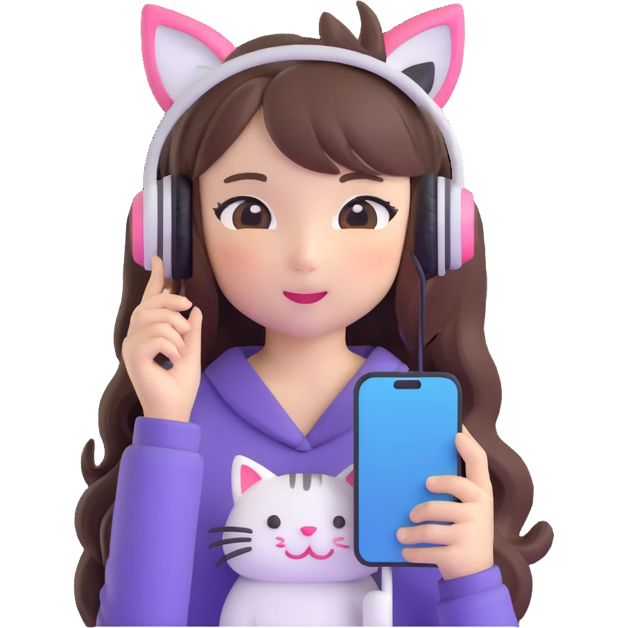 Adorable Japanese girl with long hair, cute cat ear headphones and holding smartphone emoji